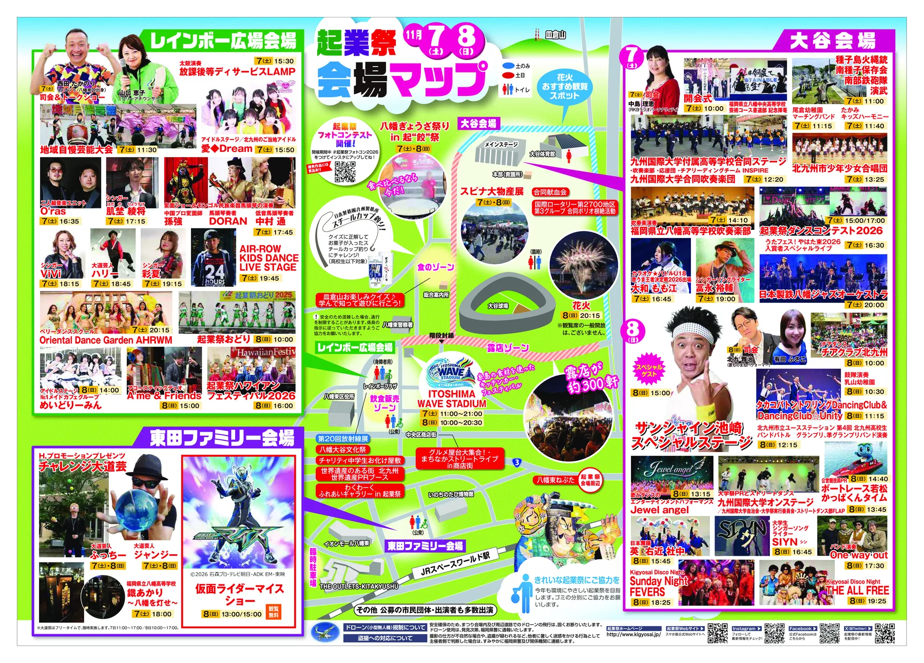 まつり起業祭八幡2026 会場マップ(大谷会場・レインボー広場会場・東田ファミリー会場、花火は8日20:15)