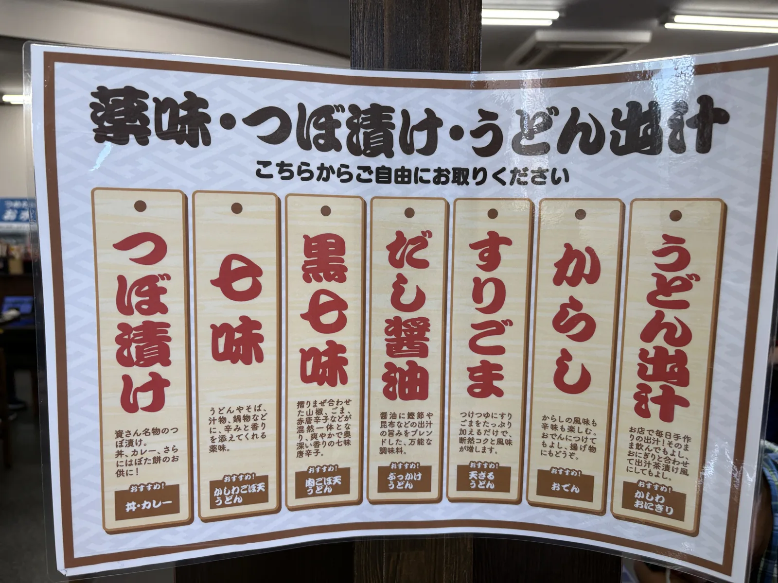 「薬味・つぼ漬け・うどん出汁」の看板。つぼ漬けから、うどん出汁まで7種類が札で紹介されている